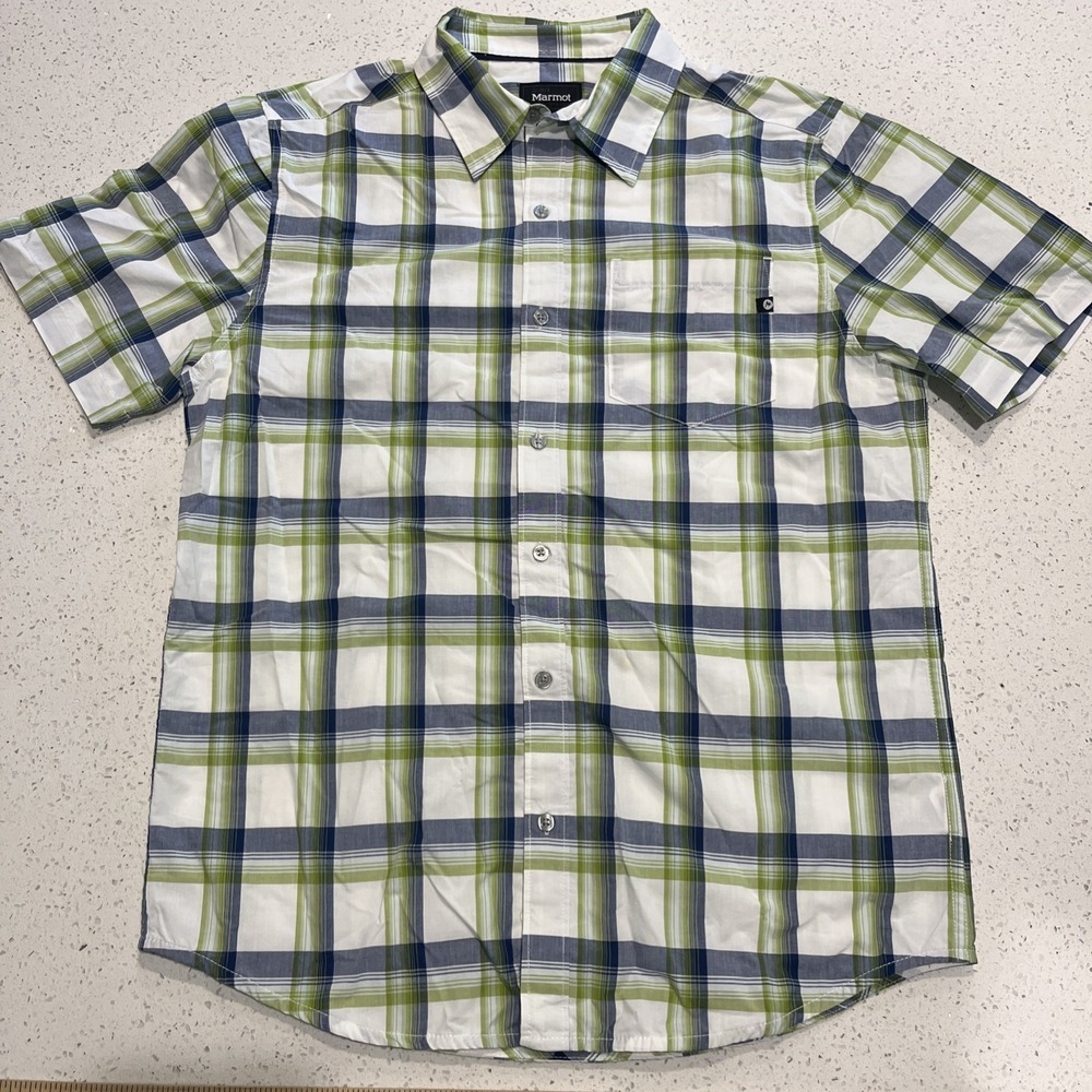 Marmot Shirt Mens M‎ Green Blue Plaid Short Sleeve Outdoor Button Front